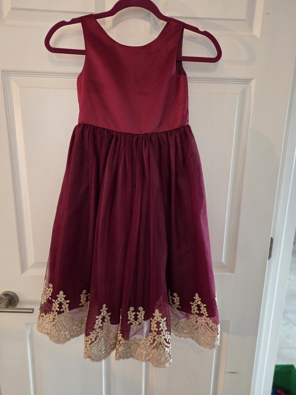 Chic Baby America Girls Burgundy Party Dress with Gold Lace Trim. Size 6